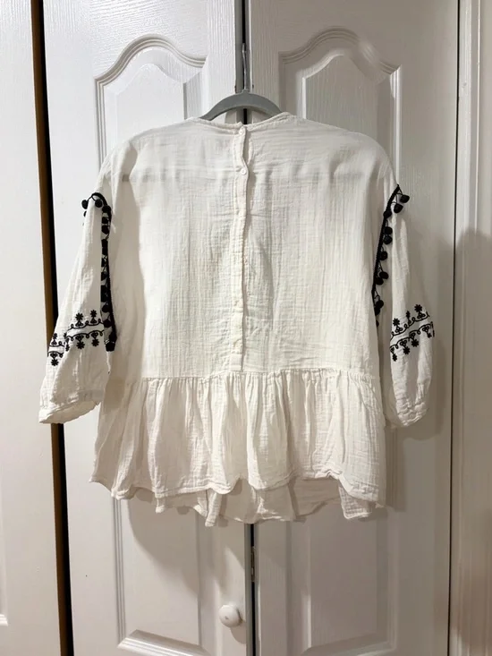 Zara Trafaluc Boho Embroidered Blouse | Pom Trim Peplum Top | Size L - Picture 5 of 6